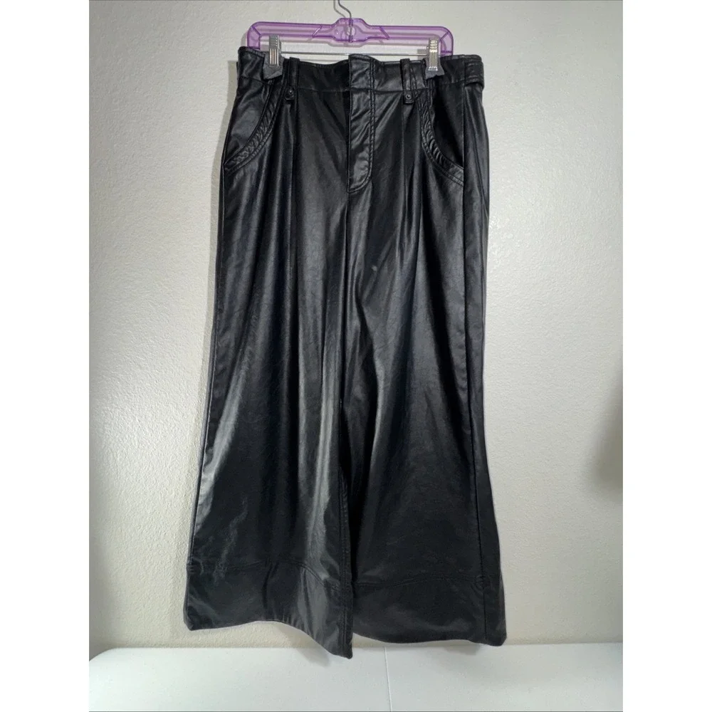 We The Free Vegan Afton Trouser Size 14 Black Faux Leather Wide Leg Jeans Goth
